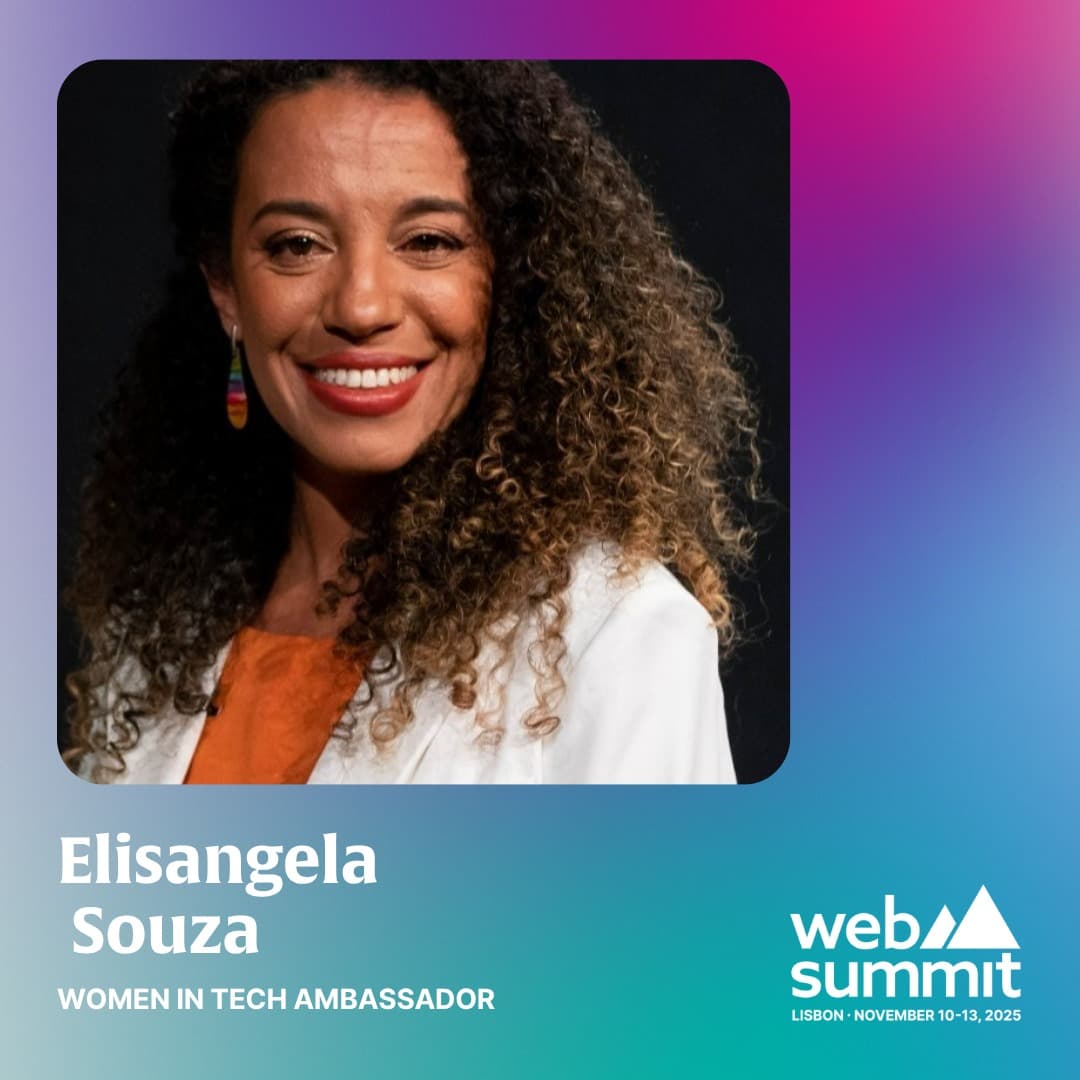 Cartão oficial do Web Summit identificando Elisangela Souza como Women in Tech Ambassador, Lisboa, 10 a 13 de novembro de 2025.