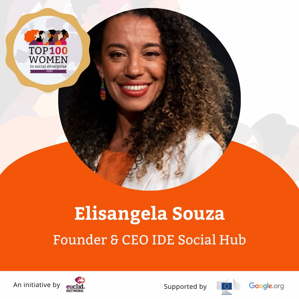 Cartão oficial da Euclid Network — Top 100 Women in Social Enterprise, com o nome de Elisangela Souza e a função de fundadora e diretora executiva do IDE Social Hub.